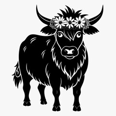 Highland Cow with Flower Crown vector clean black silhouette design white background