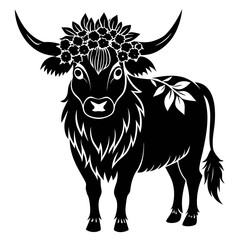 Highland Cow with Flower Crown vector clean black silhouette design white background