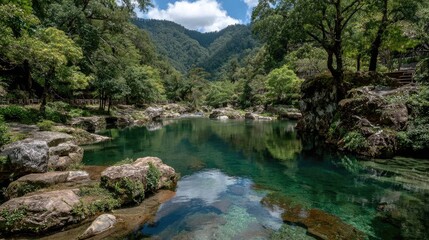 Serene mountain pool reflecting sky, lush greenery