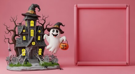 Spooky ghost with candy bucket near haunted house and empty frame for text, perfect for Halloween promotions
