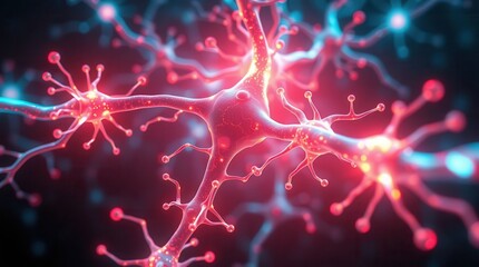 Close-up of neurons transmitting signals with glowing red and blue lights against a dark background