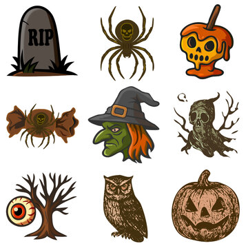 Spooky Halloween elements vector set featuring pumpkin, ghost, owl, and witch. Perfect for holiday decorations, posters, invitations, party designs, greeting cards, and seasonal artwork.