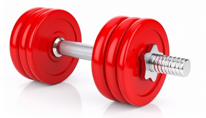 Red dumbbell with metallic handle and threaded collars, isolated on light background, fitness equipment.