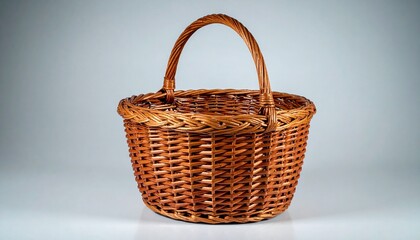 Handwoven wicker basket with arched handle, intricate weave pattern, empty on plain surface, rustic craftsmanship.