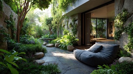 Sunlit stone path leads to a tranquil garden oasis with lush foliage and a comfy seating area