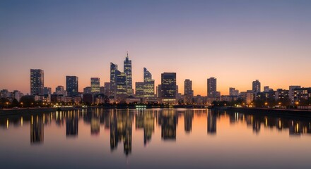 Fototapeta premium City Skyline Reflected in Water at Dusk