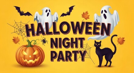 Get ready for a thrilling Halloween night party with spooky ghosts, bats, pumpkins, and a black cat!