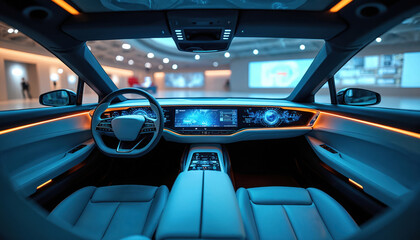 Futuristic car interior. Dashboard filled with screens, buttons displays vehicle features. Blue, orange lighting creates modern, tech-savvy atmosphere. Autonomous driving concept with advanced AI
