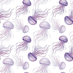 Watercolor seamless pattern with purple jellyfish on white background. Hand-painted sea animals. Perfect for fabric, kids apparel, packaging, summer and marine themed design