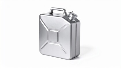Metallic jerry can with embossed cross pattern, screw cap, and top handle, utilitarian fuel container.