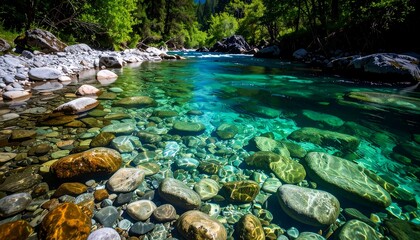 Crystal-clear riverbed showcasing vibrant green water and smooth, colorful stones.