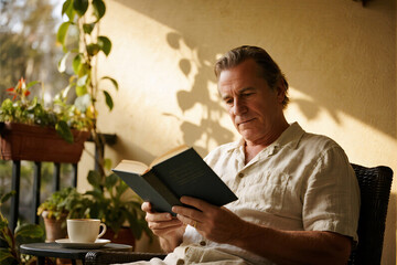 Lifestyle editorial photo of mature man enjoying hardcover book on sunny balcony with coffee and potted greenery, casual linen shirt, golden hour sunlight