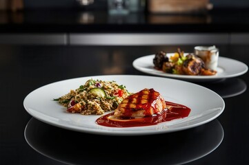 Exquisite plate featuring grilled meat drizzled with sauce, complemented by a refreshing couscous salad.