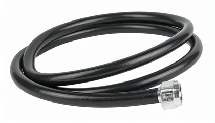 Black coaxial cable coiled with metal connectors on both ends, used for signal transmission and communication.