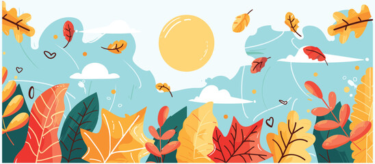 Colorful Autumn Landscape with Sunset Illustration