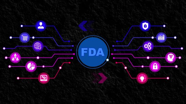 Doctor presents a digital concept of FDA regulation, demonstrating drug approval, quality control, safety standards, and health management in modern medicine. Abstract symbols on a blue background