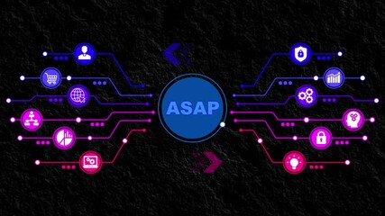 ASAP Efficient Processes and Quick Action, As Soon As Possible: Business Operations Concept, Rapid Execution and Project Management Network. Abstract technology symbols on a blue background.