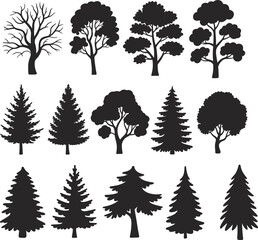 Silhouette Tree Collection, Black Tree Vector Set, Forest Tree Icons, Evergreen and Deciduous Tree Silhouettes for Graphic Design