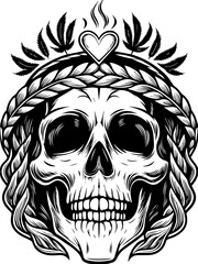 Obraz premium SVG featuring a skull adorned with cannabis leaves in a Halloween theme. Intricate Skull Design with Heart and Leaves for Creative Projects