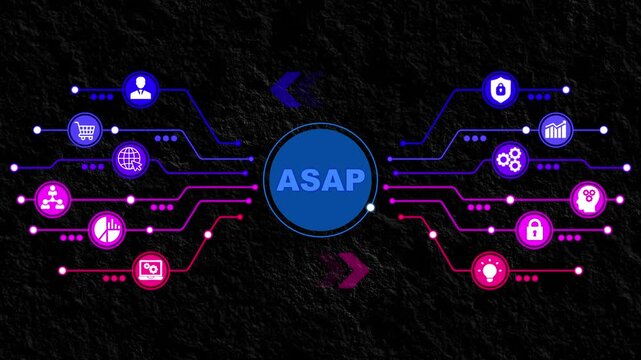 ASAP Efficient Processes and Quick Action, As Soon As Possible: Business Operations Concept, Rapid Execution and Project Management Network. Abstract technology symbols on a blue background.