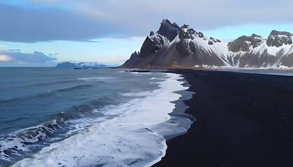 Snowy mountains meet a vast black sand beach.