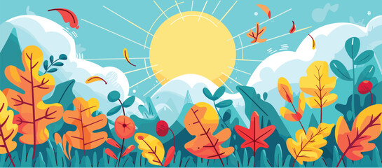 Colorful Autumn Landscape with Sunset Illustration