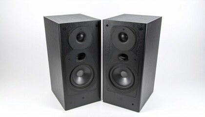 Obraz premium Black rectangular speakers with circular drivers, side-by-side on neutral background, modern audio equipment.