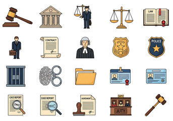Legal & Law Icon Set – Gavel, courthouse, scale of justice, law book, lawyer, contract, judge, police badge, fingerprint, handcuffs, prison, shield, ID card, file folder, evidence,