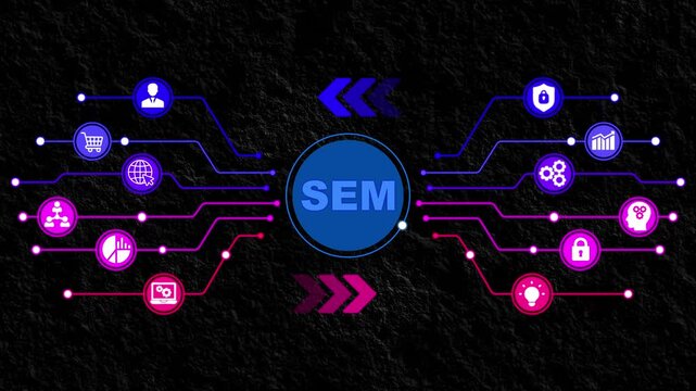 SEM Search Engine Optimization Marketing Ranking concept for website. Abstract technology symbols on a blue background.
