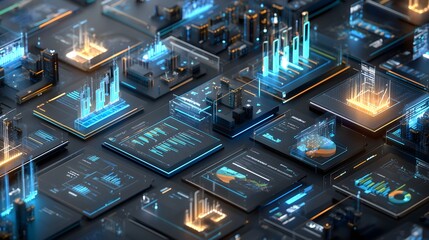 Futuristic finance network featuring embedded 3D data charts, cyan and gold wireframe nodes, abstract city grid, overlayed financial metrics, and clean text-safe zones for corporate visuals.