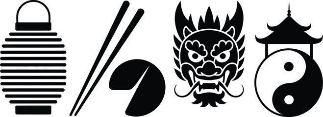 Collection of east asian cultural icons featuring distinctive silhouette designs