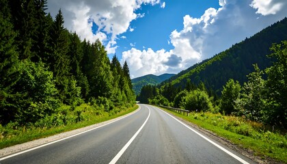 Naklejka premium Winding road through lush mountain forest