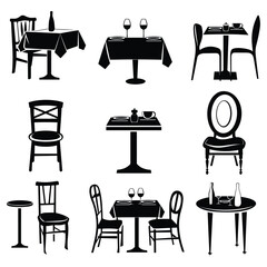 Collection of Restaurant Table Icons in Black and White Vector Set