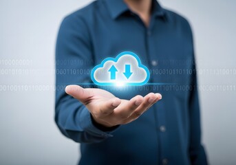 A person holding a digital cloud with upload and download arrows in their hand with binary code background