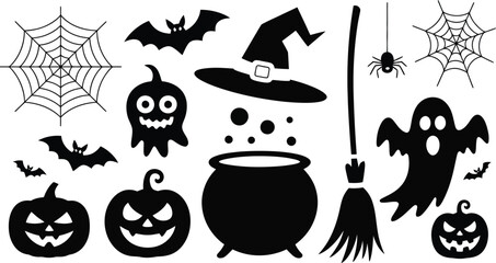Spooky halloween icon set featuring a variety of classic holiday symbols in a silhouette style