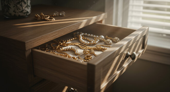 Gold jewelry in wooden drawer