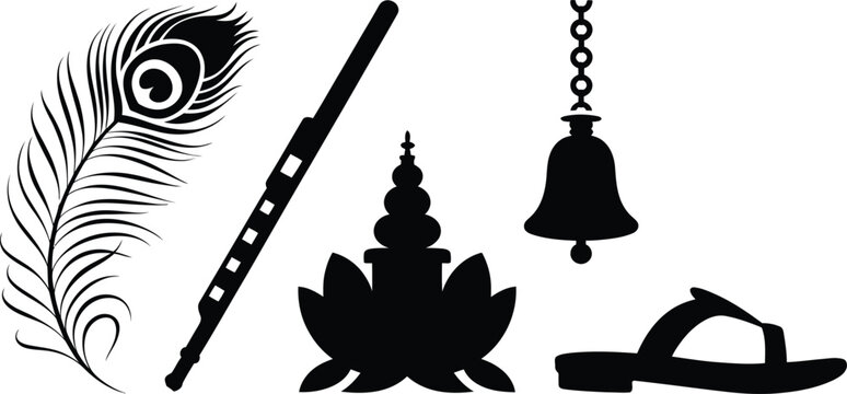 Hindu lord krishna symbol elements featuring divine flute and peacock feather silhouette