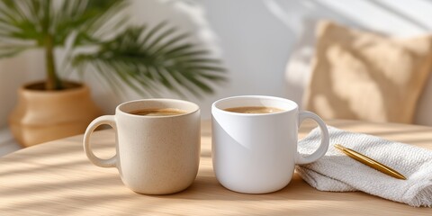 Two coffee mugs on cozy wooden table by sunlit window with greenery