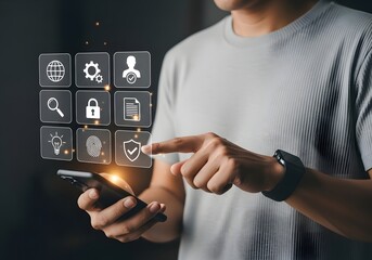 Man interacting with floating icons on a smartphone screen showcasing digital technology concept