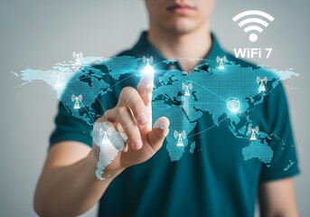 Man pointing at digital world map with wifi icons representing global network connectivity and wifi