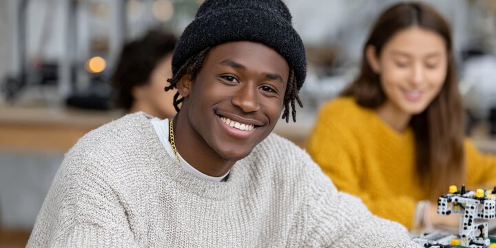 Smiling african young adult male in knitted sweater and beanie engaged in creative group activity