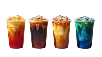Four colorful iced drinks, showing different flavors and swirling textures