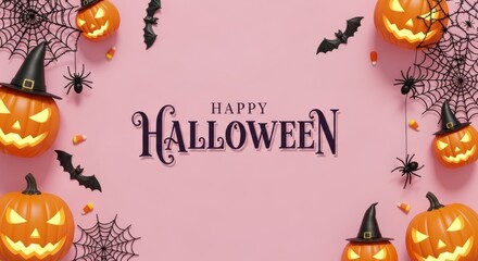 Spooky Halloween pumpkins, bats, spiders, and cobwebs create a festive and fun atmosphere on a vibrant pink background.