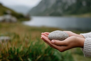 Close-up of hands holding smooth stone by tranquil lake with mountain background