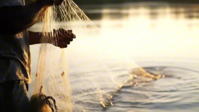 Man casting a fishing net into a body of water possibly a river or lake at what seems to be dusk or dawn