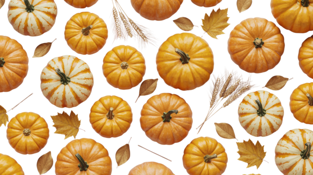 Autumn Harvest Pumpkins, Wheat, and Fall Leaves Seamless Pattern