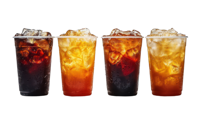 Four iced drinks in plastic cups show light variation on a black background