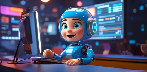 3D Cute Robot for Automated Customer Service &ndash; Headset Using Laptop with AI Technology.