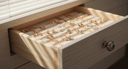 Golden jewelry collection in wooden drawer