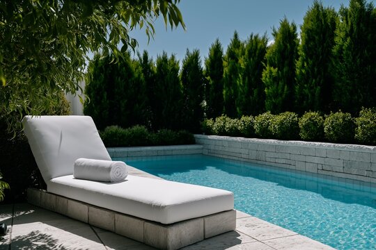 Luxurious poolside with sun lounger and rolled towel amid lush greenery under clear blue sky - Powered by Adobe